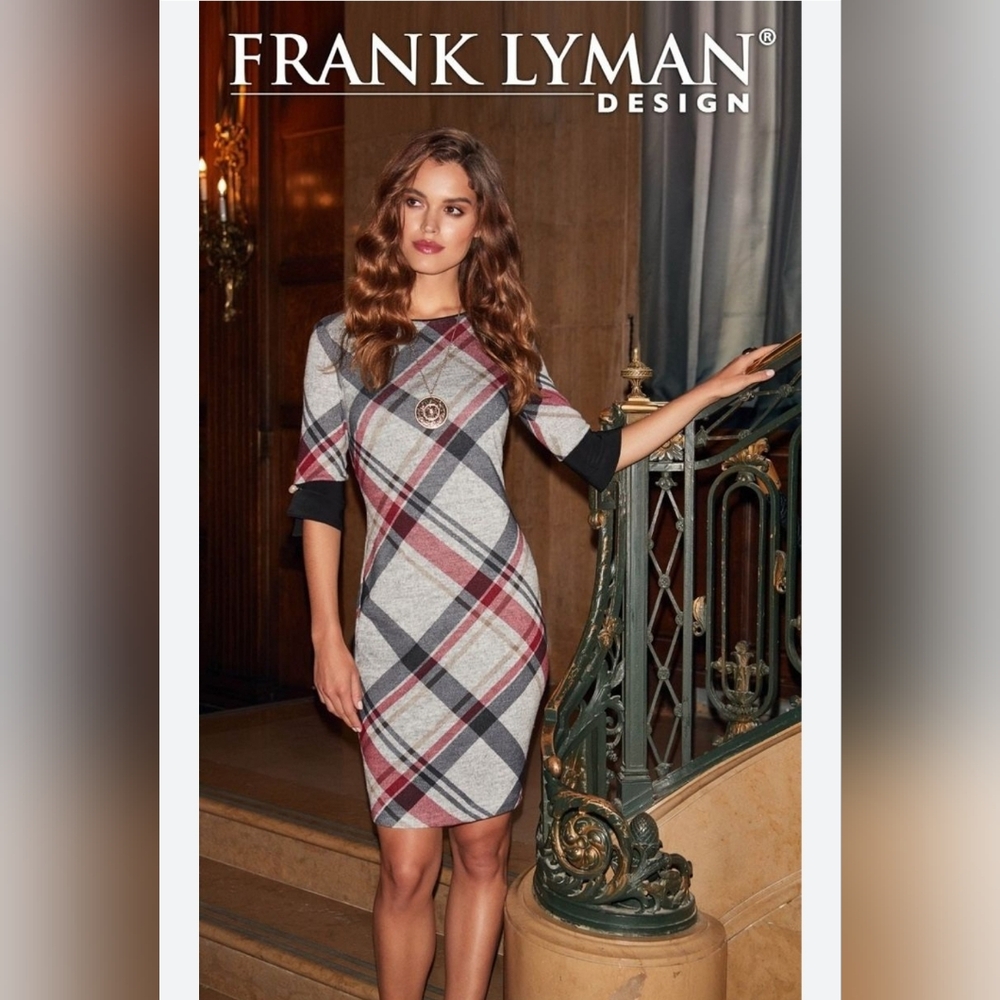 Frank Lyman Design Grey Red Plaid Knit Sheath Dress with Cuff Detail
